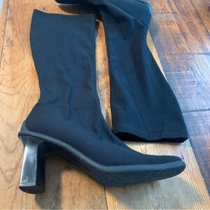 Paul Green Black Tall Stretch Fabric 3" Block Heel Boots Pull-On Designer